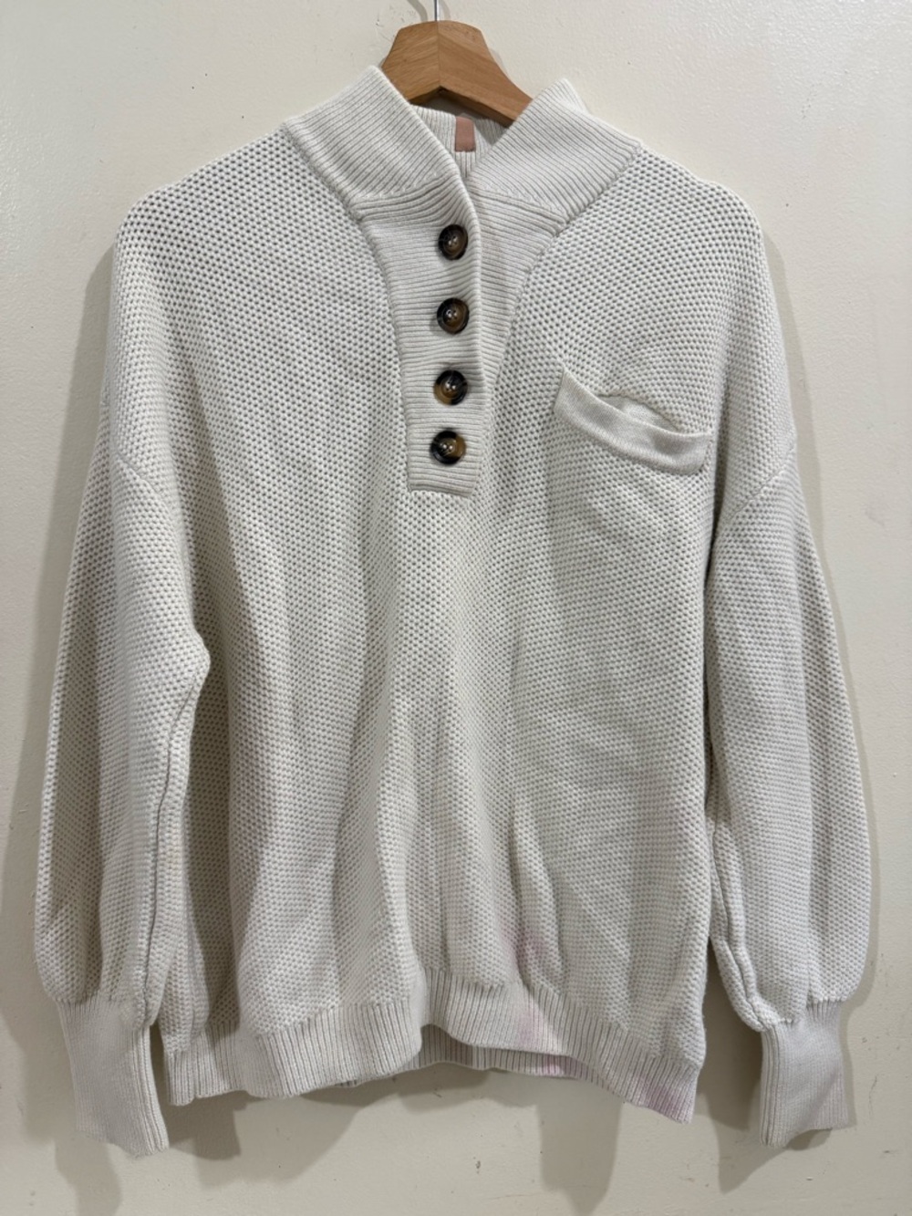 lunya Cream Waffle-Knit Henley Sweater with Button Placket